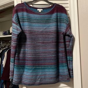 J. Jill blue and purple striped boatneck wool blend sweater